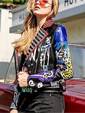 FOR HER NYC FAUX LEATHER GRAFFITTI JACKET SIZE MEDIUM